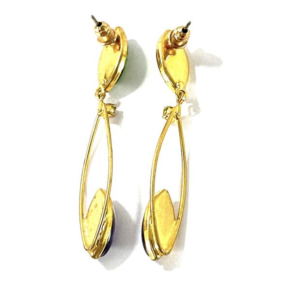 Gold Tone Dangle Earrings with Green & Purple Marquise Cabochons 2” - Picture 4 of 5